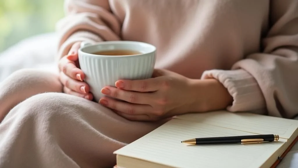 How to Find Courage in Small Steps: Gentle Way to Begin Again | Soulfully Maria Close-up of a woman’s hands holding a warm mug while journalling in a cosy, softly lit room. Represents mindfulness, calm reflection, and building courage through gentle daily rituals.