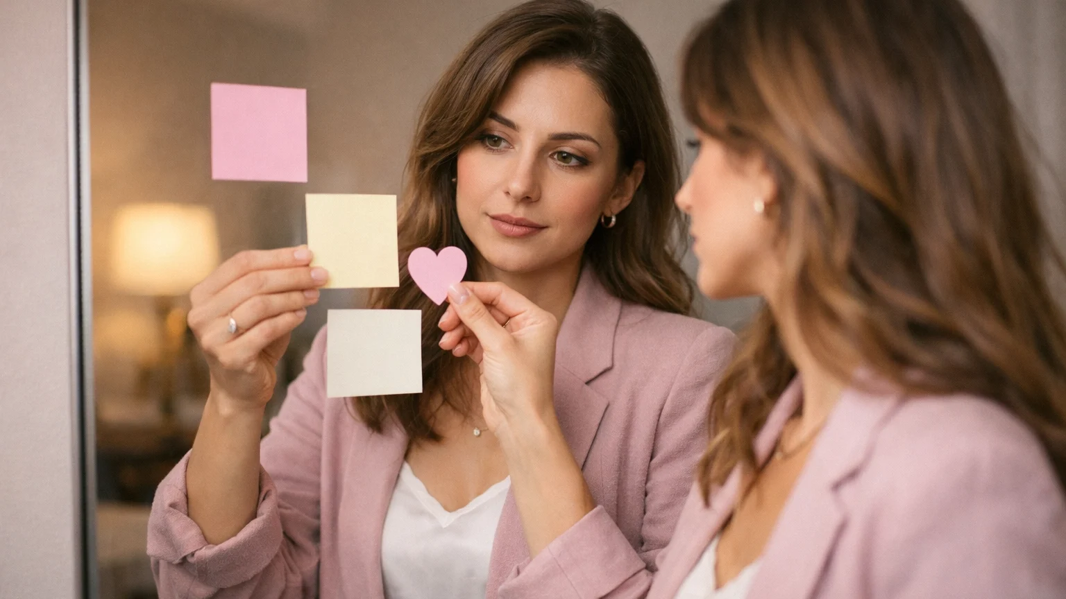 Expressing Your True Self: How to Stop People‑Pleasing and Speak Authentically | Soulfully Maria Woman placing blank sticky notes on a mirror while reflecting, showing the idea of filtering herself, not looking at the camera