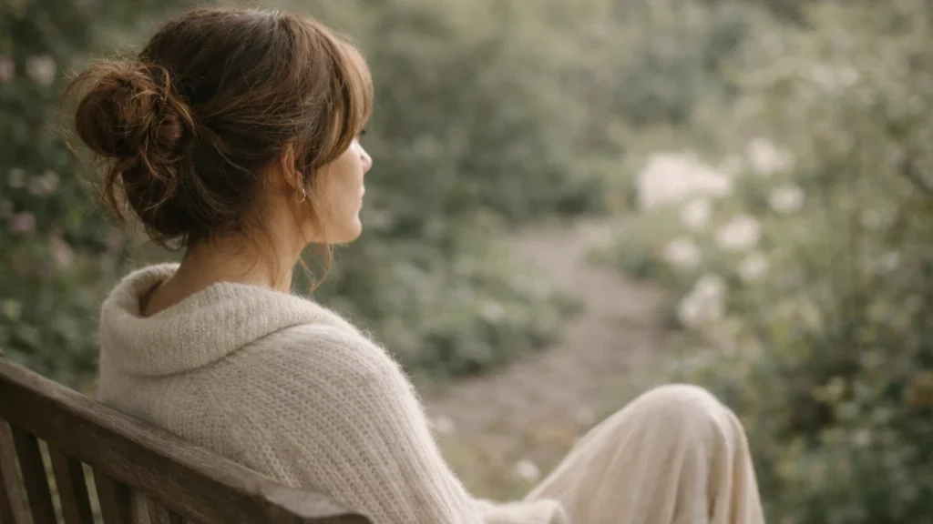 Expressing Your True Self: How to Stop People‑Pleasing and Speak Authentically | Soulfully Maria woman sat on a bench thinking about expressing your true self in the world