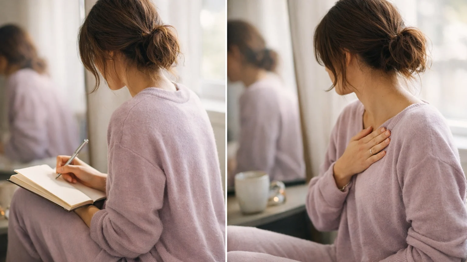 How to Build Self Trust in 5 Minutes a Day (Even If You’ve Always Put Others First) | Soulfully Maria Self-compassion practice showing woman and her kinder reflection