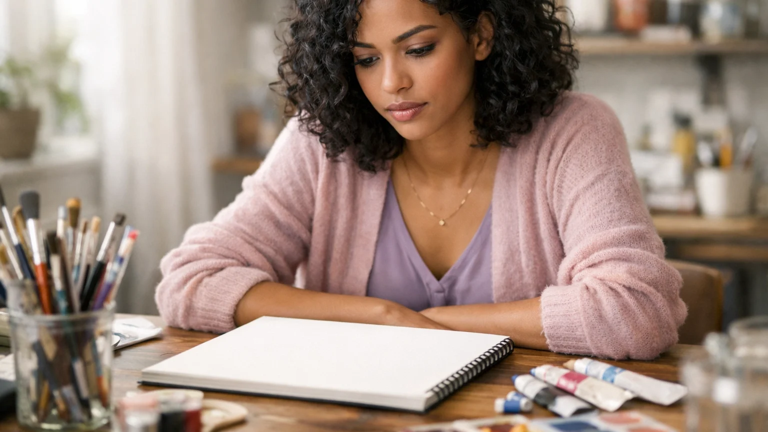 The Burnout Reset: How to Rebuild Self-Trust When Your Creative Tank is Empty | Soulfully Maria Woman experiencing creative burnout sitting with empty canvas and art supplies