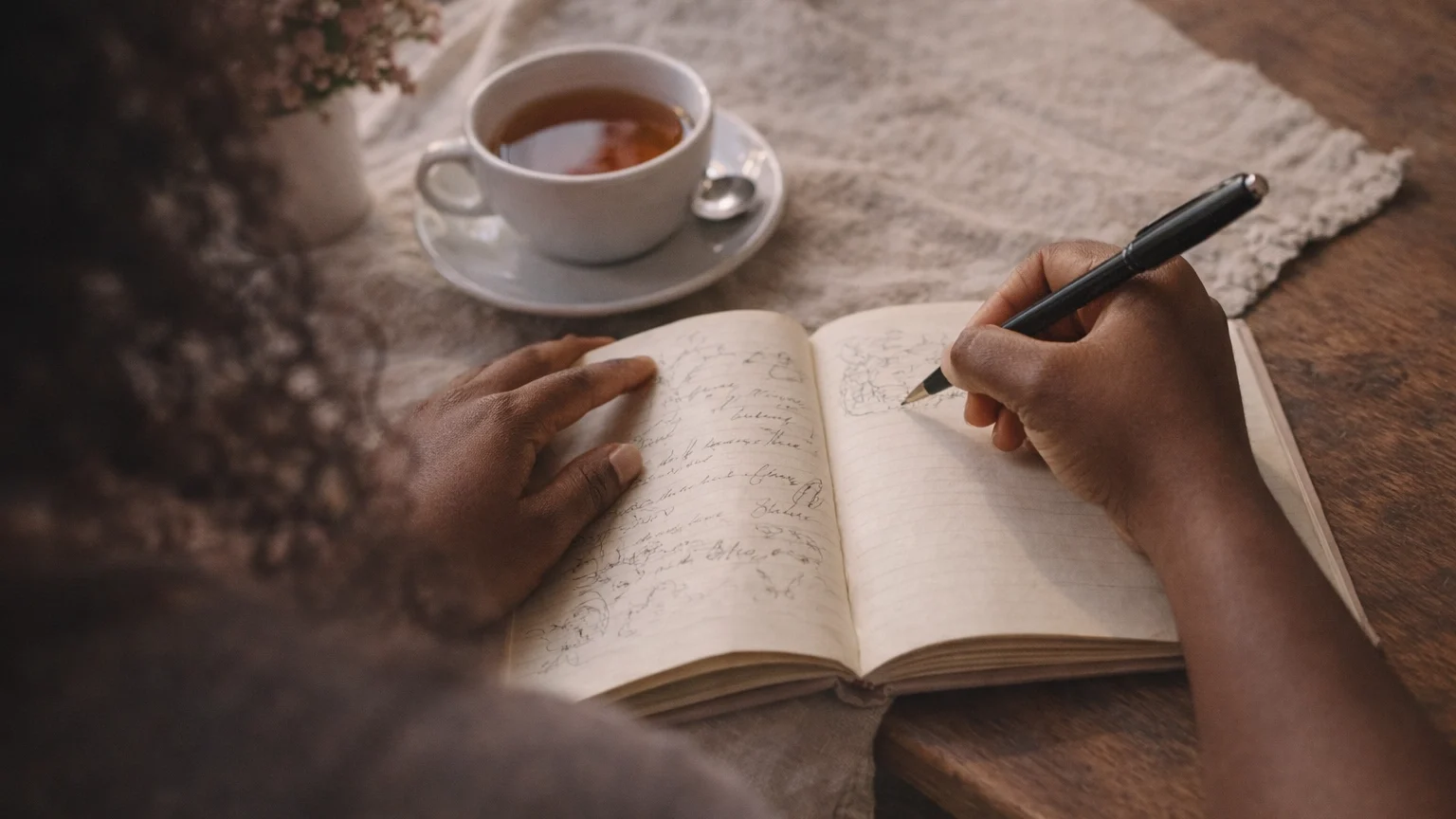 How to Set Boundaries Without the Guilt | Soulfully Maria Hands journaling about personal values and boundaries with tea nearby