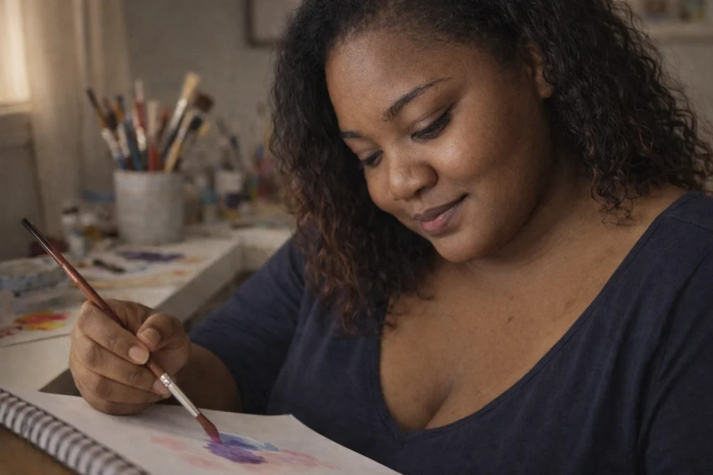 Woman overcoming creative block through self-compassion surrounded by art supplies and returning creativity
