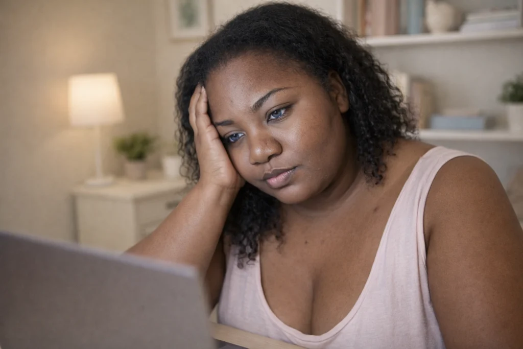 Maria in her home office, pausing with her laptop as the inner critic gets loud