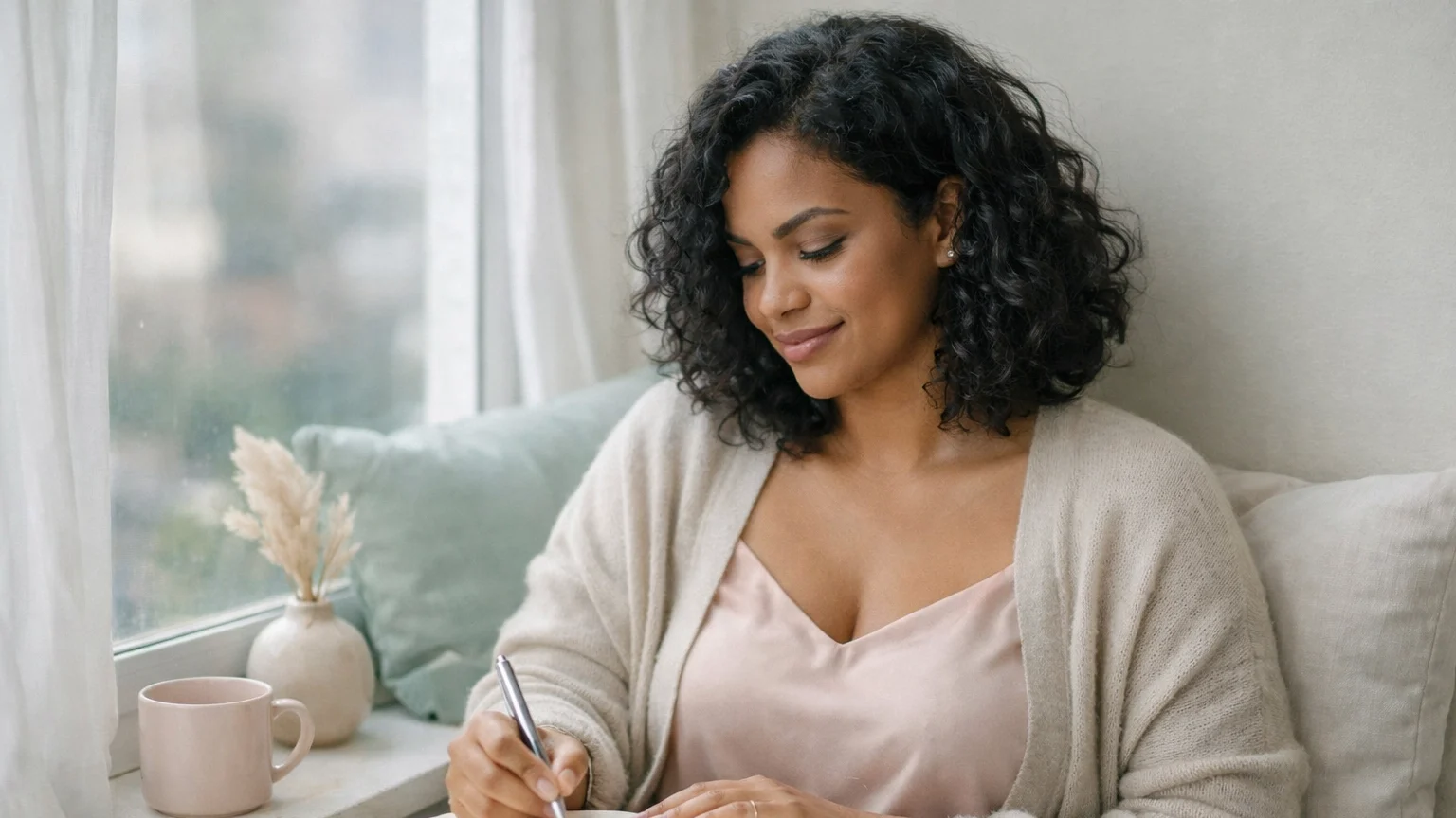Expressing Your True Self: How to Stop People‑Pleasing and Speak Authentically | Soulfully Maria Candid photo of a woman expressing her true self through journaling by a window, engaged in reflection, not looking at the camera