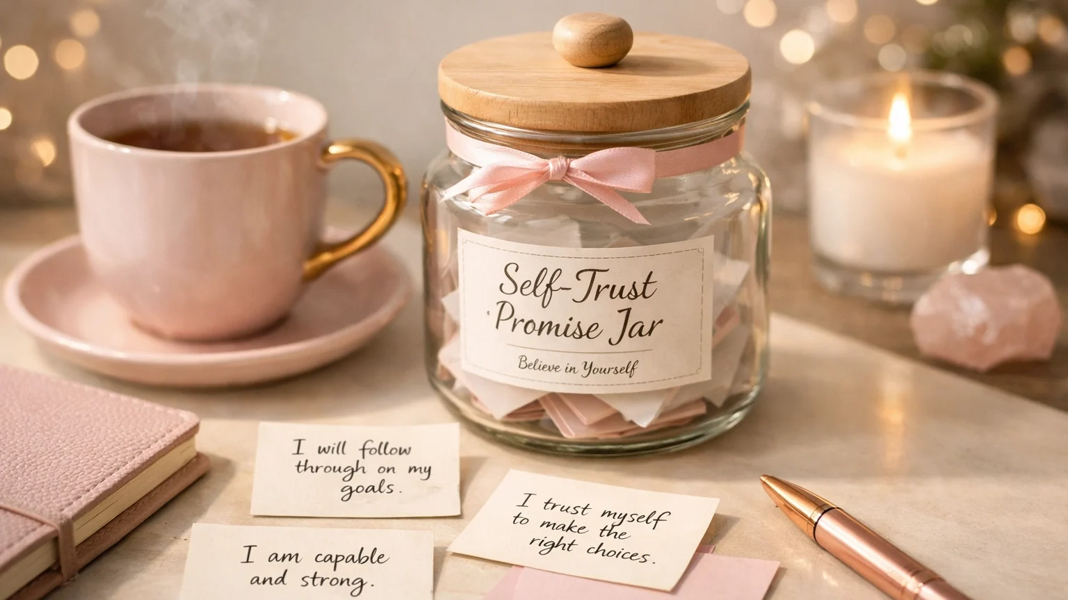 How to Build Self Trust in 5 Minutes a Day (Even If You’ve Always Put Others First) | Soulfully Maria Building self trust with a daily promise jar and acknowledgment notes