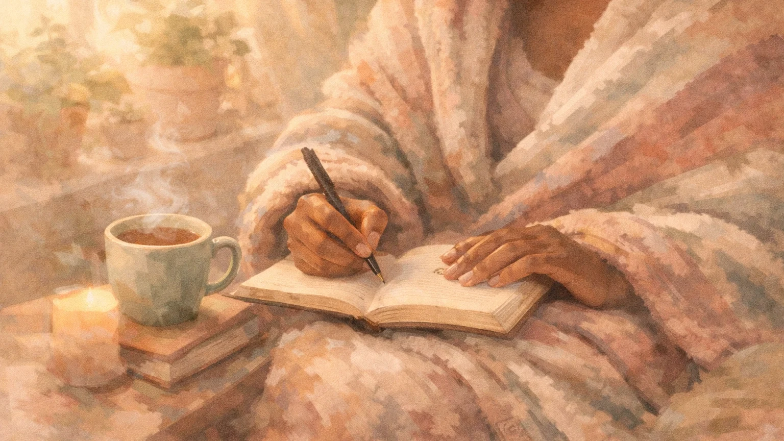 Self‑Love for Overthinkers: How to Calm Your Inner Critic with Compassion | Soulfully Maria Faceless, soulful lifestyle close-up of medium-dark skin hands journaling beside tea in soft morning light