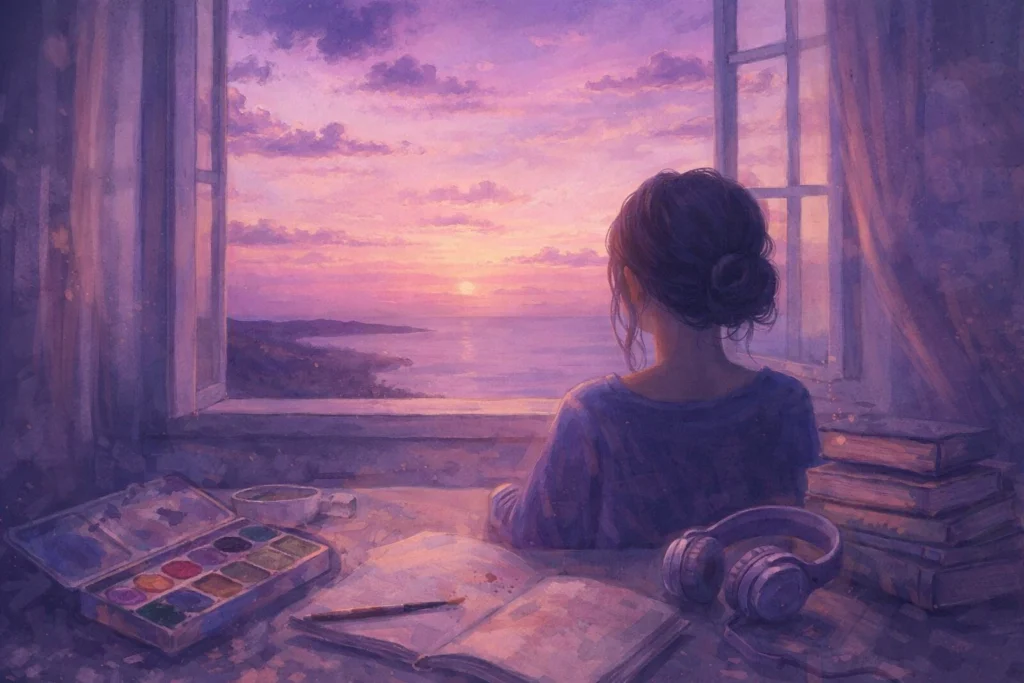 10 Reasons Your Creative Flow is Blocked and How to fix it without the hustle | Soulfully Maria watercolor supplies, books, headphones, and a dusky window in soft purple light.