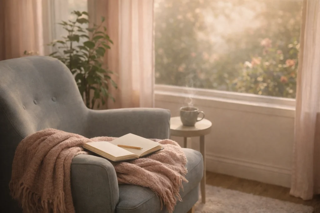 10 Reasons Your Creative Flow is Blocked and How to fix it without the hustle | Soulfully Maria A peaceful home corner with a chair, blanket