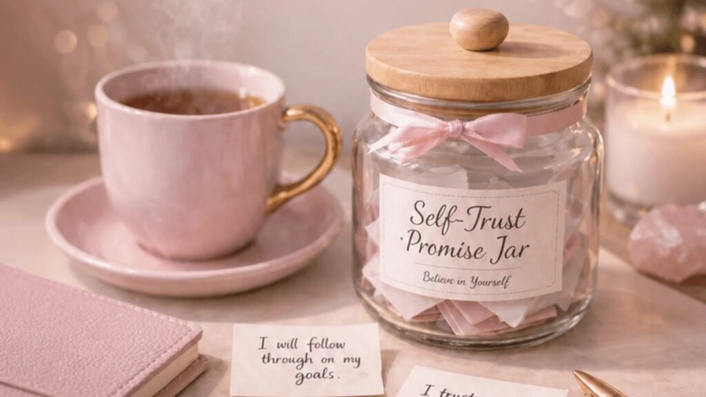 10 Reasons Your Creative Flow is Blocked and How to fix it without the hustle | Soulfully Maria A cozy still life with a blush journal, candle, tea, and handwritten self-trust notes gathered in a glass jar