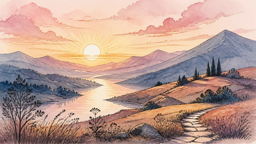 25 Creative Journal Prompts for authentic Self expression | Soulfully Maria Peaceful watercolor landscape sunrise