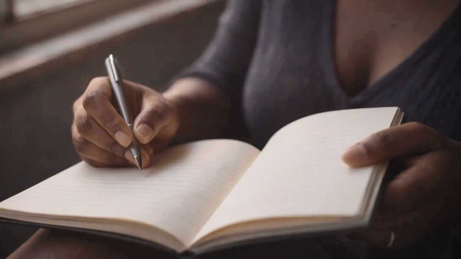Inner Critic vs Intuition: How to Tell the Difference | Soulfully Maria maria's hands looking for intuition - medium-dark skin holding a realistic open journal in soft window light