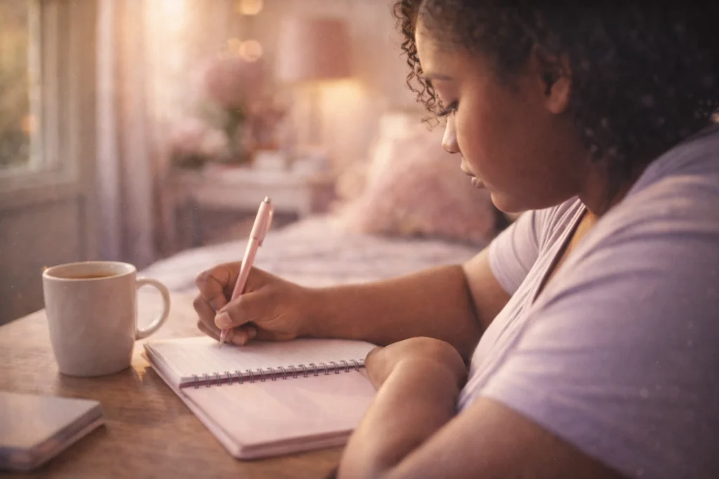Inner Critic and Self-Trust: What’s Really Keeping You Stuck | Soulfully Maria Cinematic image of Maria journaling right-handed in a soft, soulful home setting with warm light