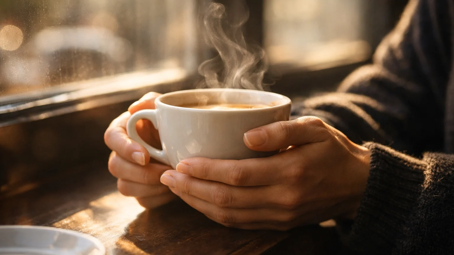 Inner Critic vs Intuition: How to Tell the Difference | Soulfully Maria Hands holding a warm coffee cup by a café window in golden light