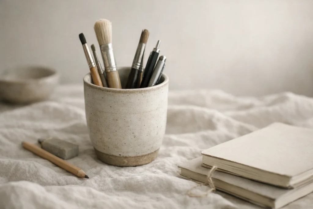 How to Build Self Trust with Feeling Intentions | Soulfully Maria | Soulfully Maria Soft-focus still life of creative tools (paintbrushes and pens) in gentle morning light