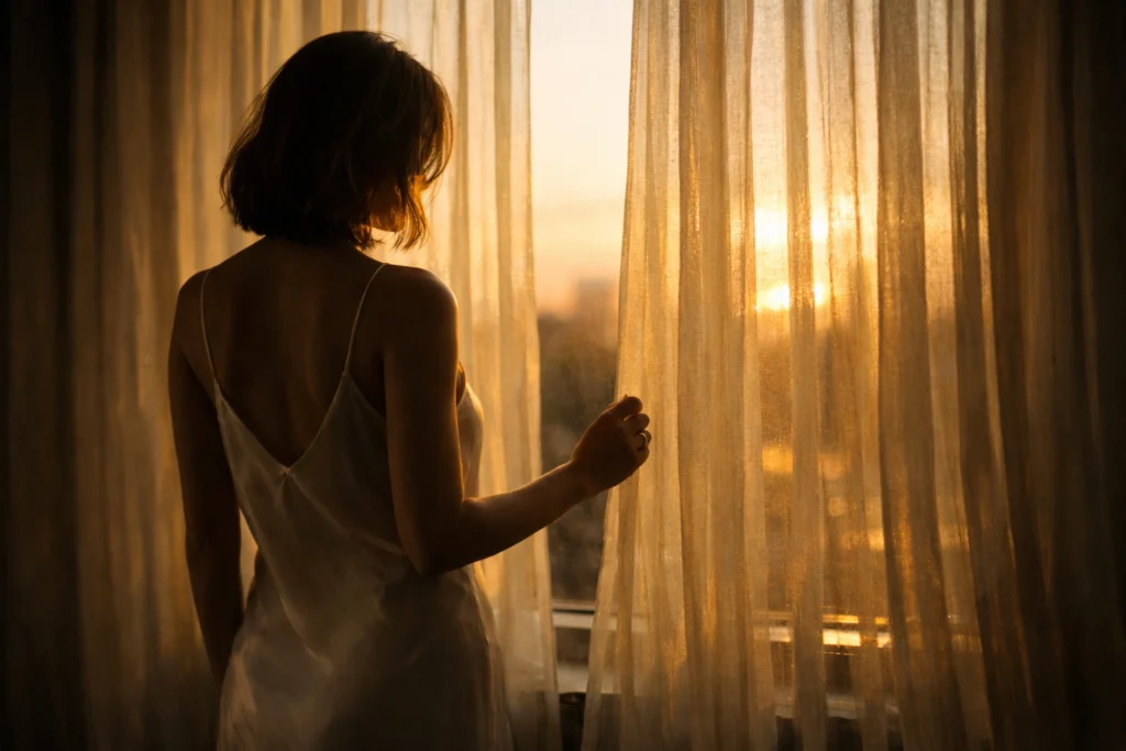 Inner Critic and Self-Trust: What’s Really Keeping You Stuck | Soulfully Maria Realistic cinematic silhouette by a window at golden hour—quiet reflection, no face shown