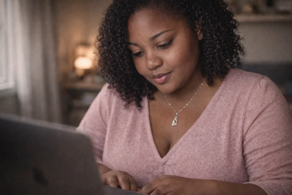 Inner Critic and Self-Trust: What’s Really Keeping You Stuck | Soulfully Maria Maria in a cozy home office on a laptop for online coaching—grounded, calm, looking down at the screen