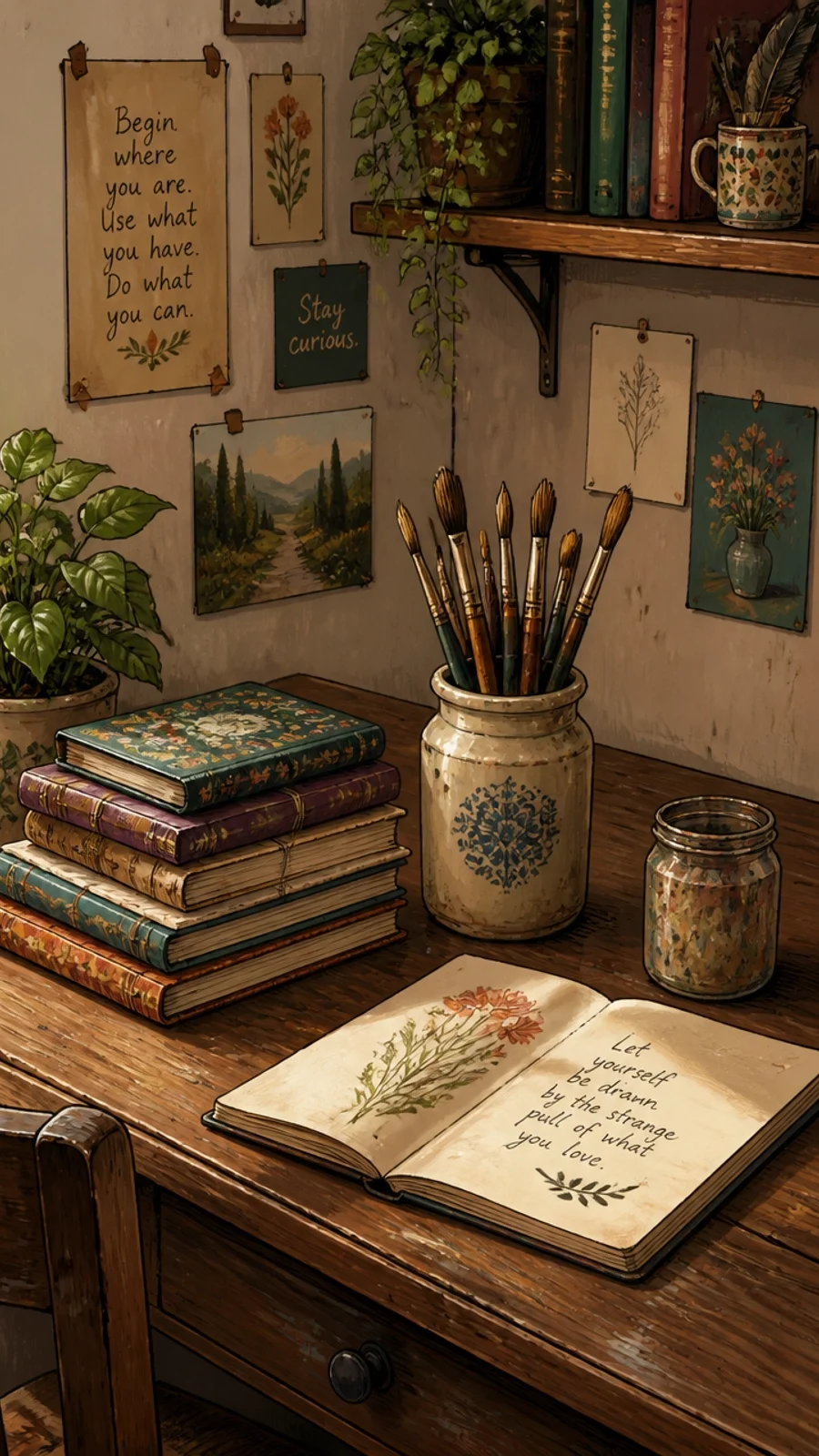 How to Overcome Creative Block | Set Boundaries | Soulfully Maria A cozy creative desk with plants and notebooks