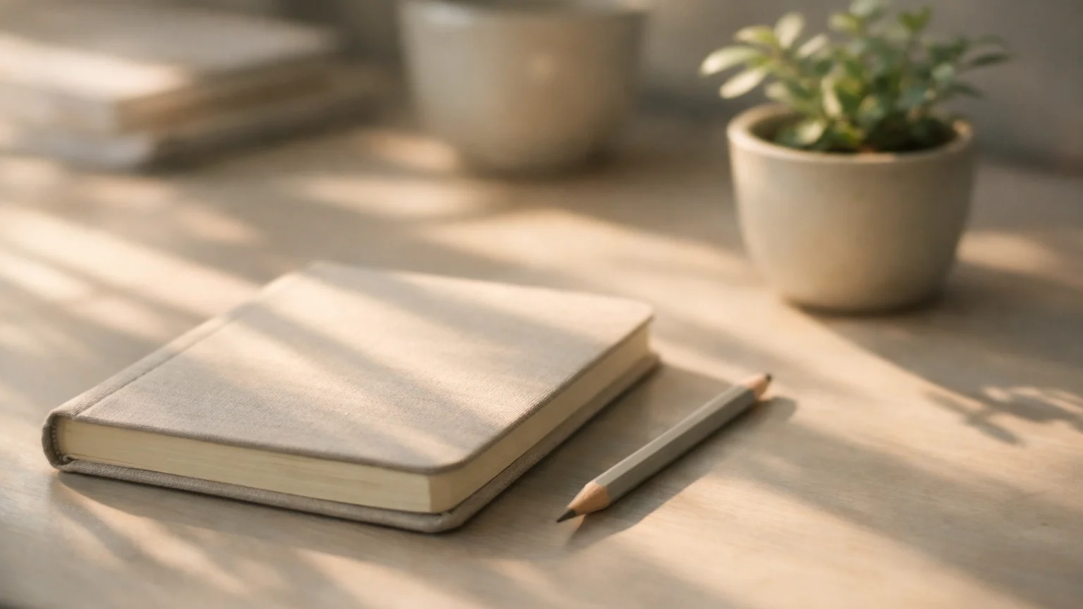 Inner Critic vs Intuition: How to Tell the Difference | Soulfully Maria A cozy desk with a notebook, pencil, and soft sunlight casting gentle shadows
