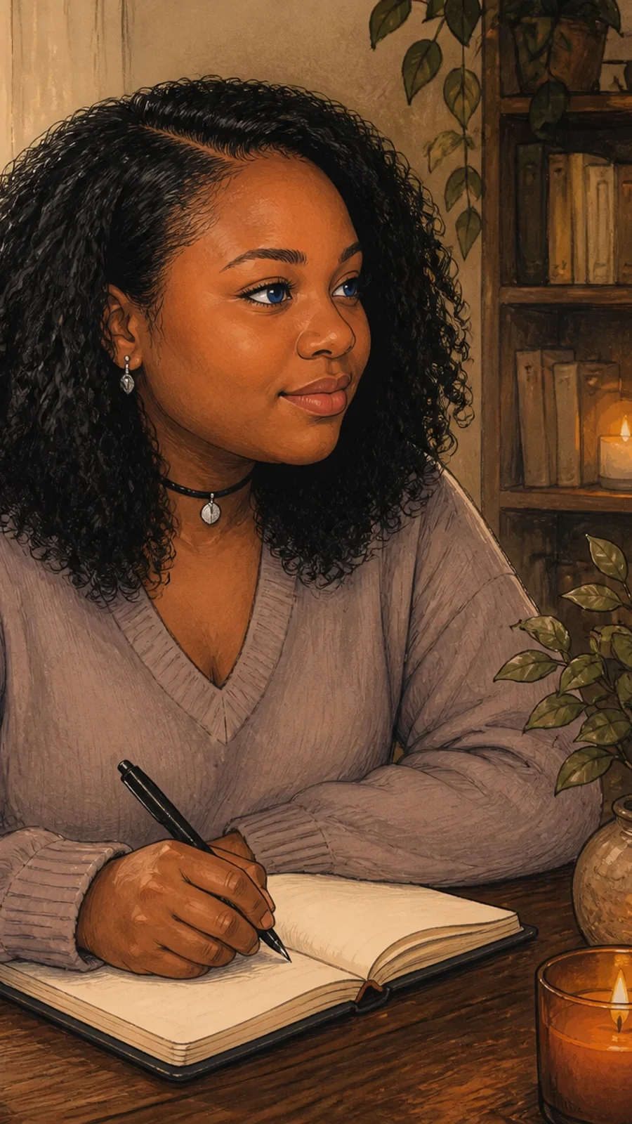25 Creative Journal Prompts for authentic Self expression | Soulfully Maria illustration of Maria journaling by the window