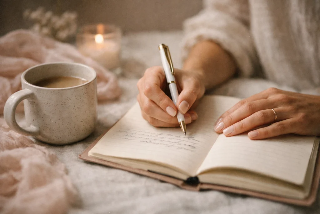 Inner Critic and Self-Trust: What’s Really Keeping You Stuck | Soulfully Maria Faceless feminine hands writing in a journal beside a warm mug in gentle natural light