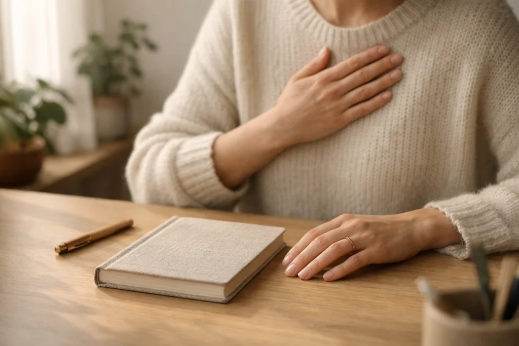 How to Build Self Trust with Feeling Intentions | Soulfully Maria | Soulfully Maria Faceless, cozy desk moment with a hand-over-heart gesture and an open journal in soft window light