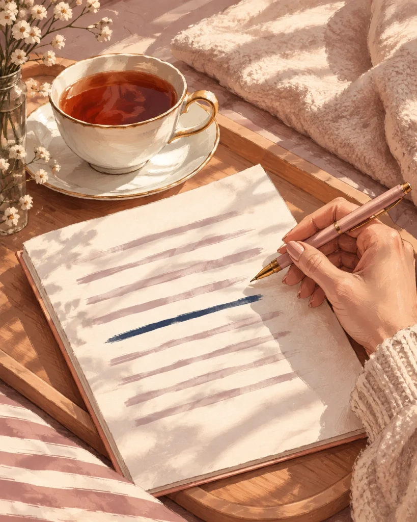 Why Do I Soften What I Say? The Real Cost of Hedging, Apologising and Over-Explaining | Soulfully Maria Faceless editorial illustration of a feminine hand holding a pen above a page representing softening your sentences standing among pale rewritten lines