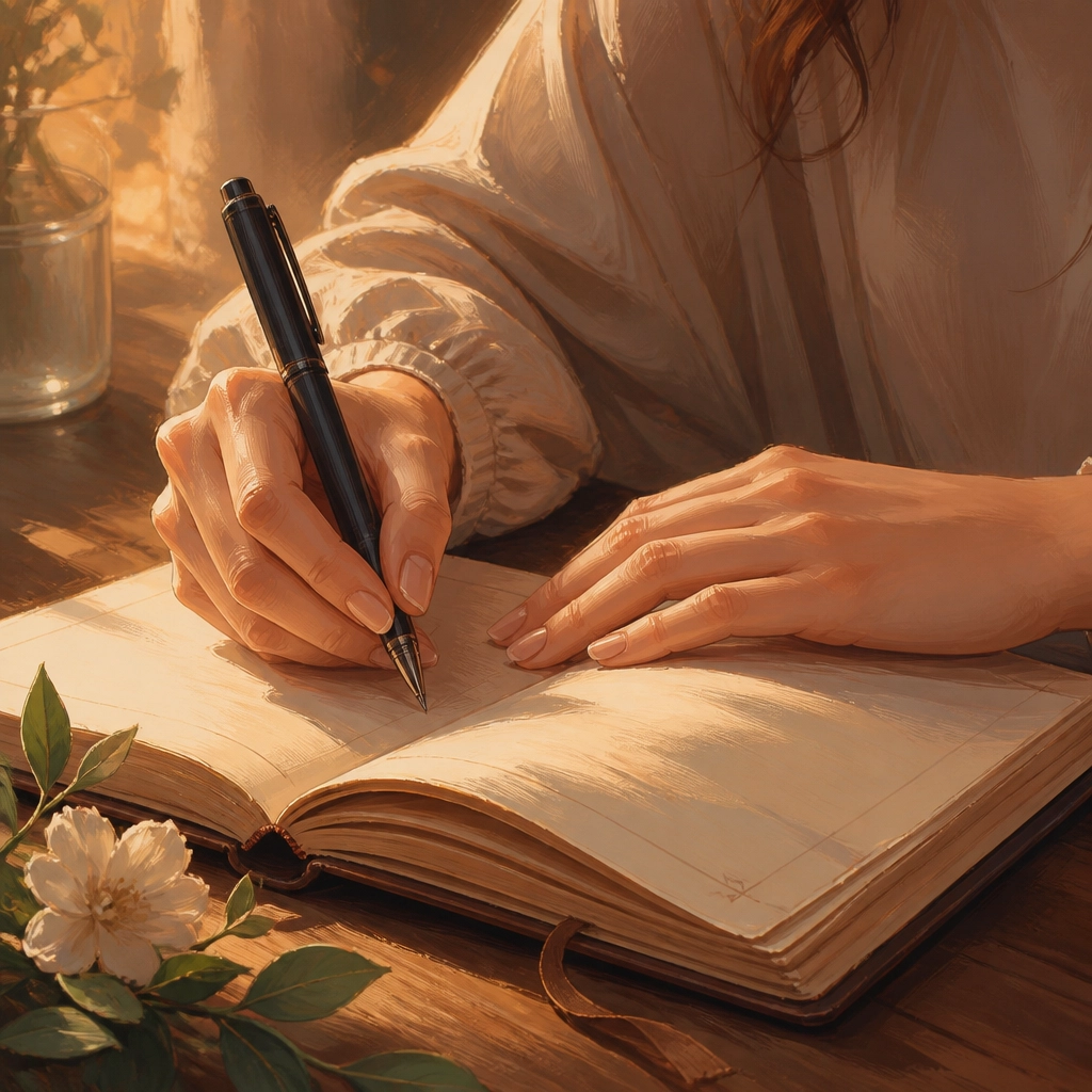 Journal Prompts for Self-Discovery and Quiet Expression | Soulfully Maria Close-up of woman's hands writing in a journal, highlighting the gentle and intimate act of self-expression through quiet expression.