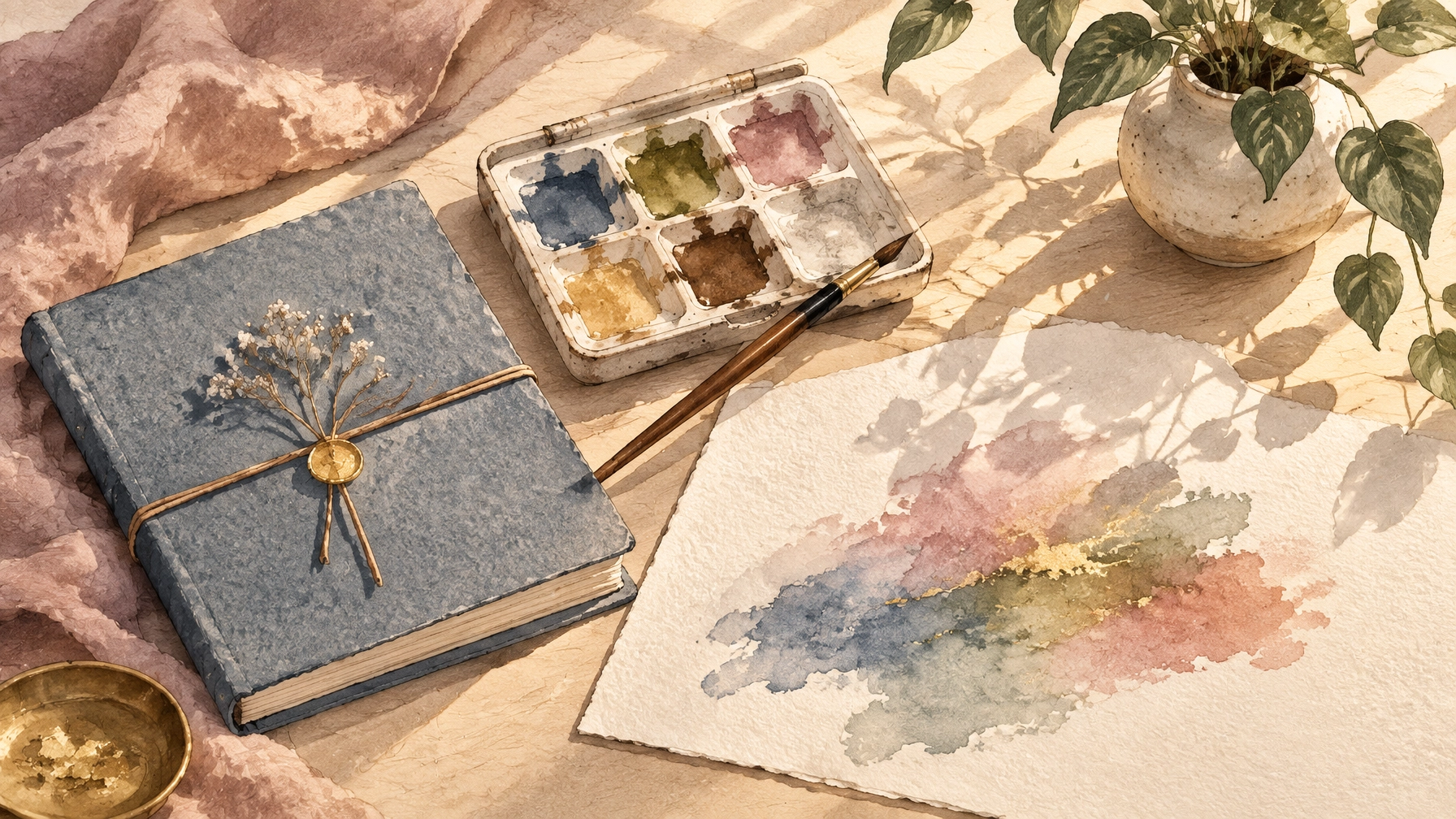 An illustrated sketchbook, paintbrush and small plant in warm light, suggesting growth that is still unfolding