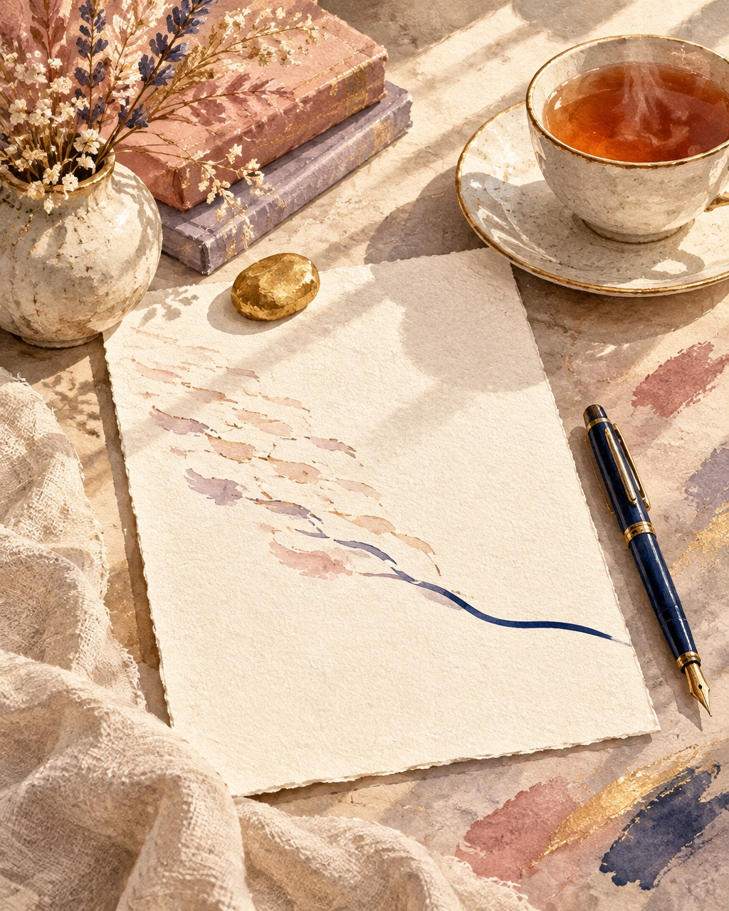 The Wobble: Why Sensitive Women Soften Their Sentences (And What It Costs) | Soulfully Maria Faceless drawn still life of a finished cream page held by a gold stone, with a pen and tea beside a steady sapphire line