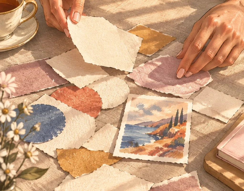 Am I Wasting My Time? How to Answer That Question When Your Creative Work Hasn’t Landed Yet | Soulfully Maria Faceless artistic illustration of feminine hands sorting creative ideas beside one finished piece