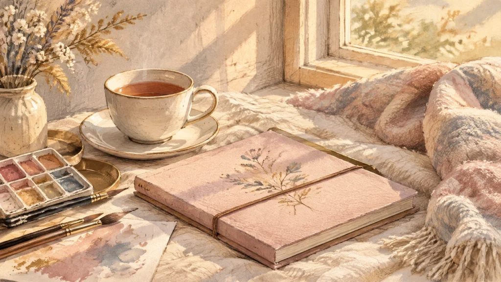 Am I Wasting My Time? How to Answer That Question When Your Creative Work Hasn’t Landed Yet | Soulfully Maria Faceless illustration of an unfinished sketchbook beside a window, blanket and cup during a slow creative season