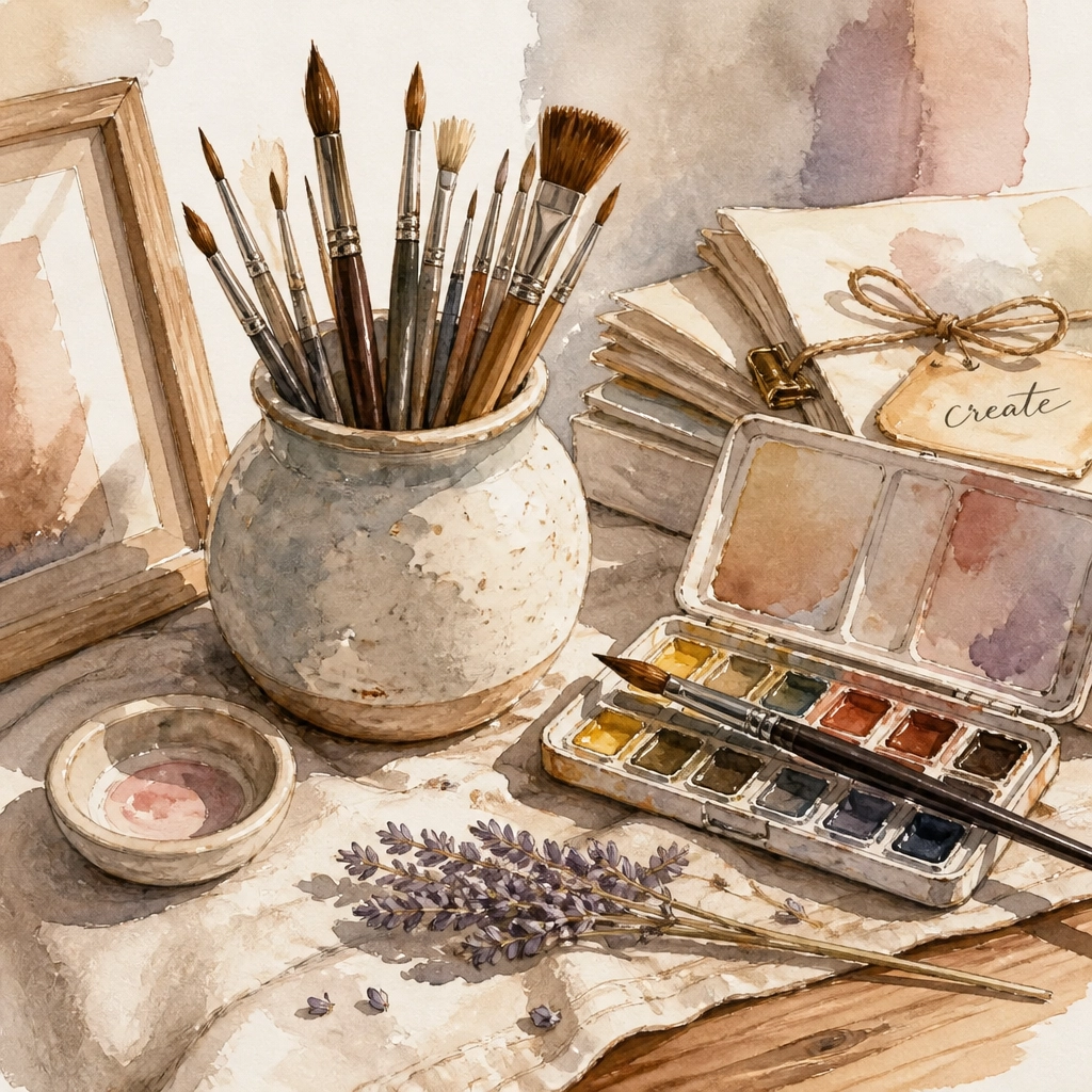 Journal Prompts for Self-Discovery and Quiet Expression | Soulfully Maria A peaceful corner of a creative workspace with paintbrushes and lavender, inviting a sense of calm and possibility.