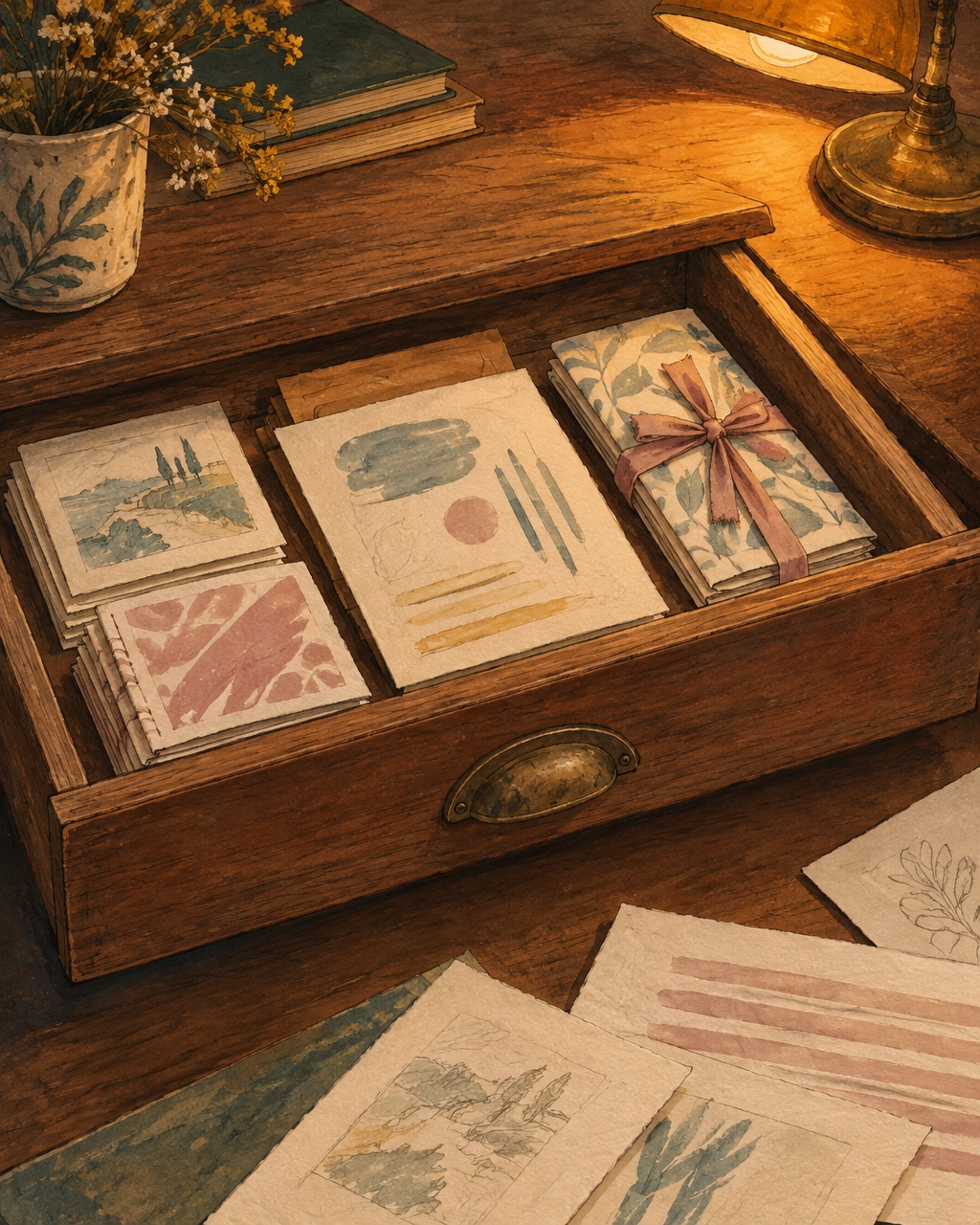 Why Finishing Small Things Rebuilds Your Self-Trust Faster Than Starting Big Ones | Soulfully Maria | Online Life Coach for Creative Women Faceless hand-drawn illustration of an open desk drawer holding neatly arranged finished paper pieces in warm evening light