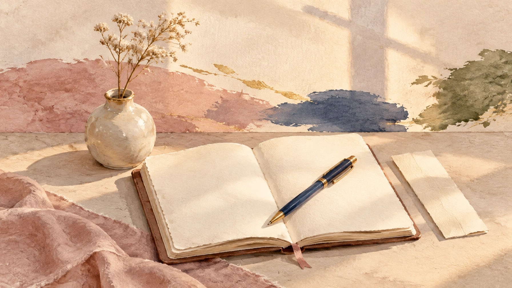 An open, unmarked journal beside a pen and a dried stem, painted in soft evening light