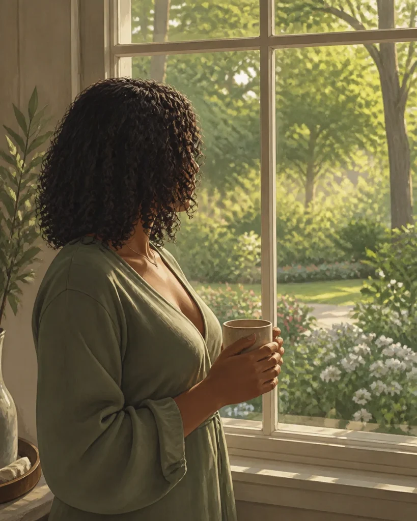 Journal Prompts for Self-Discovery and Quiet Expression | Soulfully Maria drawing of maria looking out a window at a lush garden, representing a moment of quiet expression, reflection and groundedness.