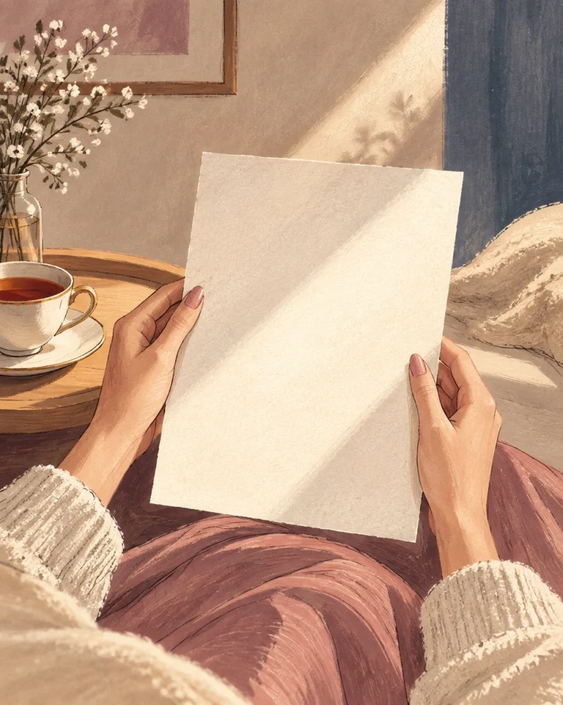 Why Do I Soften What I Say? The Real Cost of Hedging, Apologising and Over-Explaining | Soulfully Maria why do i soften what i say - Faceless atmospheric illustration of two feminine hands holding an unmarked sheet of paper in a calm beam of light