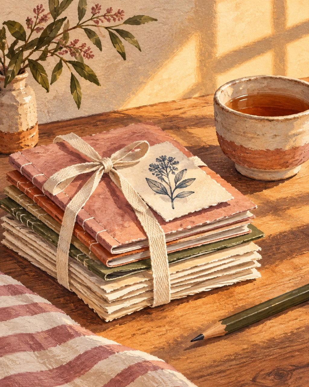 Why Finishing Small Things Rebuilds Your Self-Trust Faster Than Starting Big Ones | Soulfully Maria | Online Life Coach for Creative Women Hand-drawn illustration of a small stack of completed zines and finished creative pages beside a cup of tea